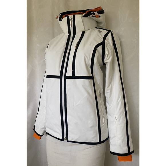 Descente Women's Ski Jacket Puffer White Black Stripe Hood Motion 3D Heat Navi S - Picture 2 of 13